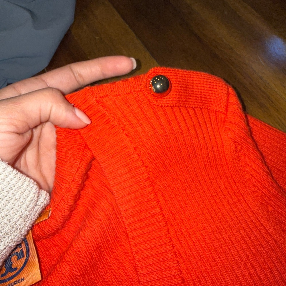 Tory Burch Orange Cashmere Ribbed V-Neck Sweater Elbow Patches Gold Button Large - Picture 5 of 8